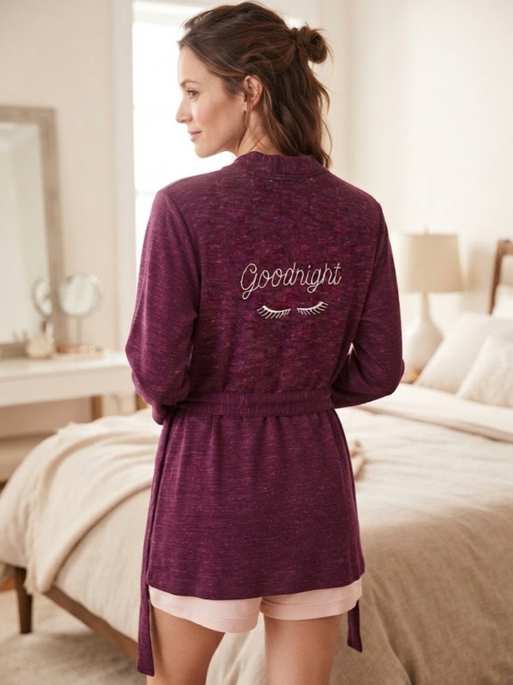Kate Spade New York Heather Purple Goodnight Embroidered Knit Robe Medium